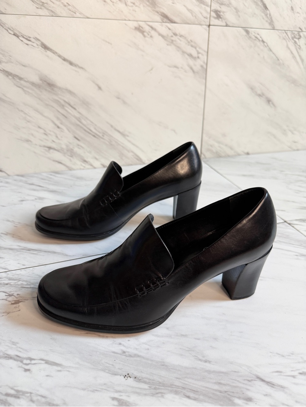 Franco Sarto Black Leather Block Heel Loafers Womens 7M Slip On Pumps - Picture 2 of 9